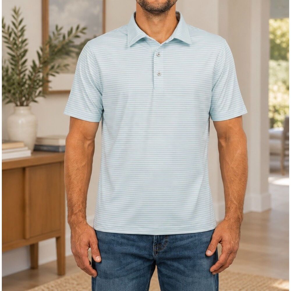 2XL Scott Barber Men's Performance Polo - Light Blue Stripe